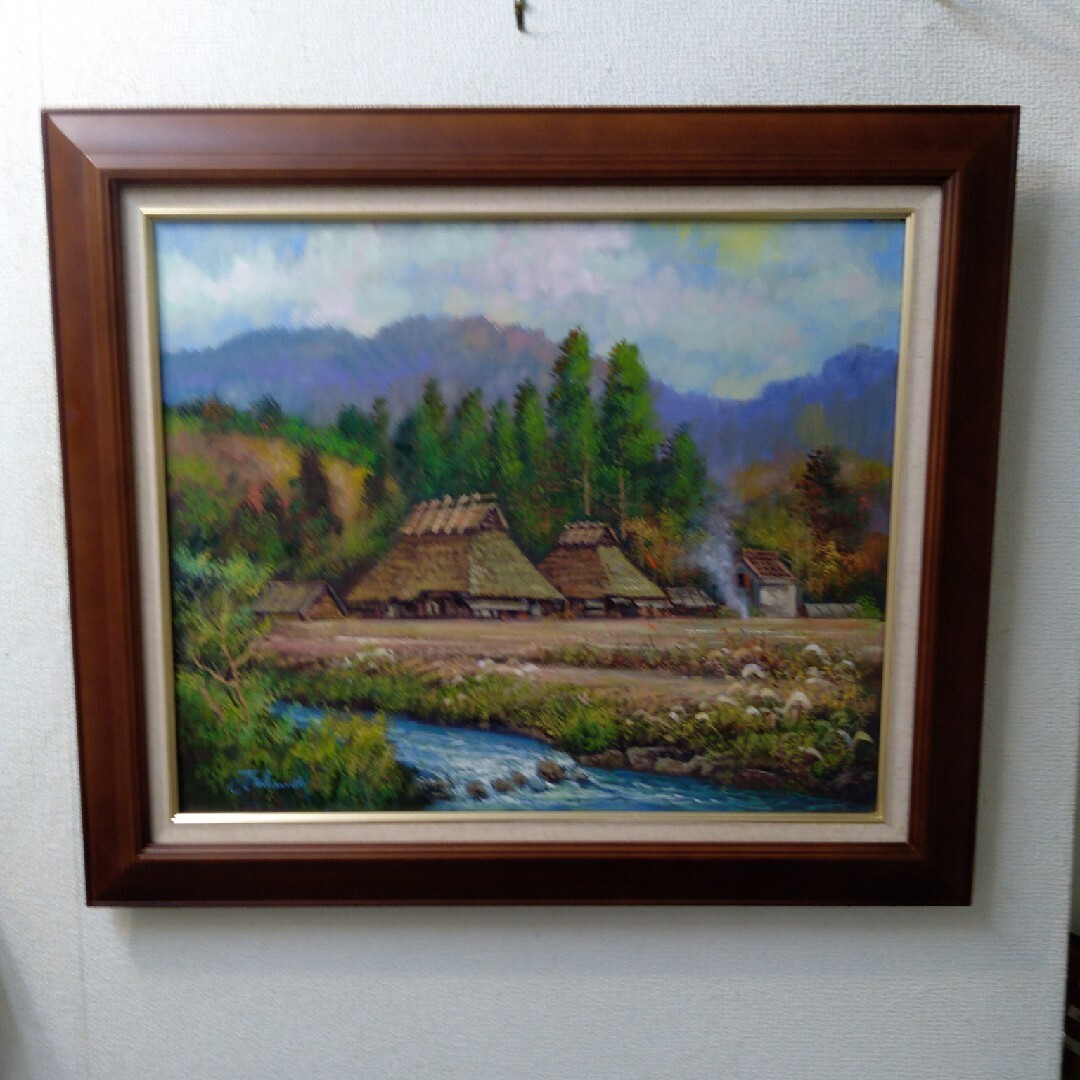 肉質油絵横F12晩秋民家竹内敏彦額装仕上げ品