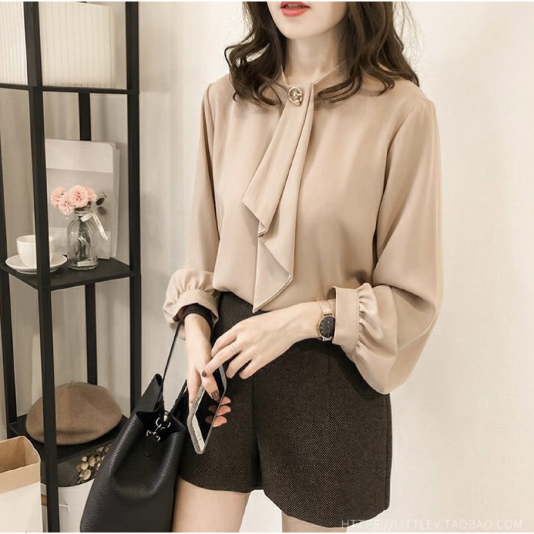 2XL ボウタイ ブラウス オフィスカジュアル フォーマル ベージュ