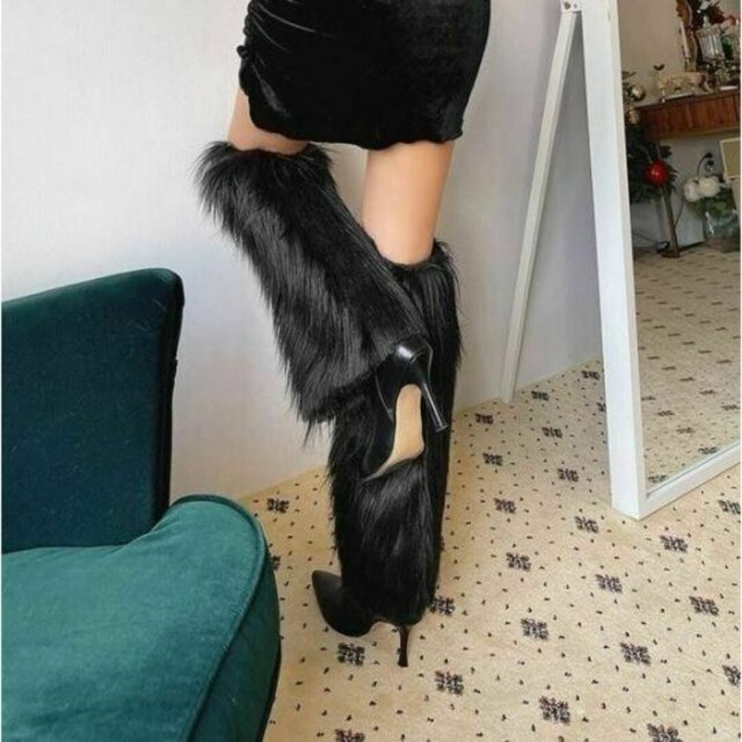 黒 ブラック レッグウォーマー ファーレッグ ファー コスプレ ギャル