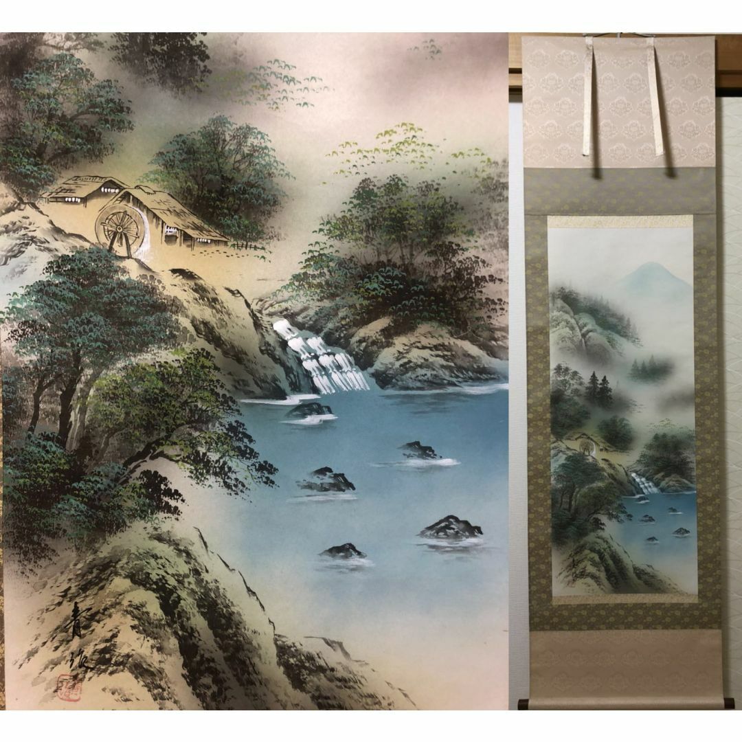 掛軸 豊川青治『彩色山水画 山村風景』絹本 肉筆 共箱付 掛け軸 R05302