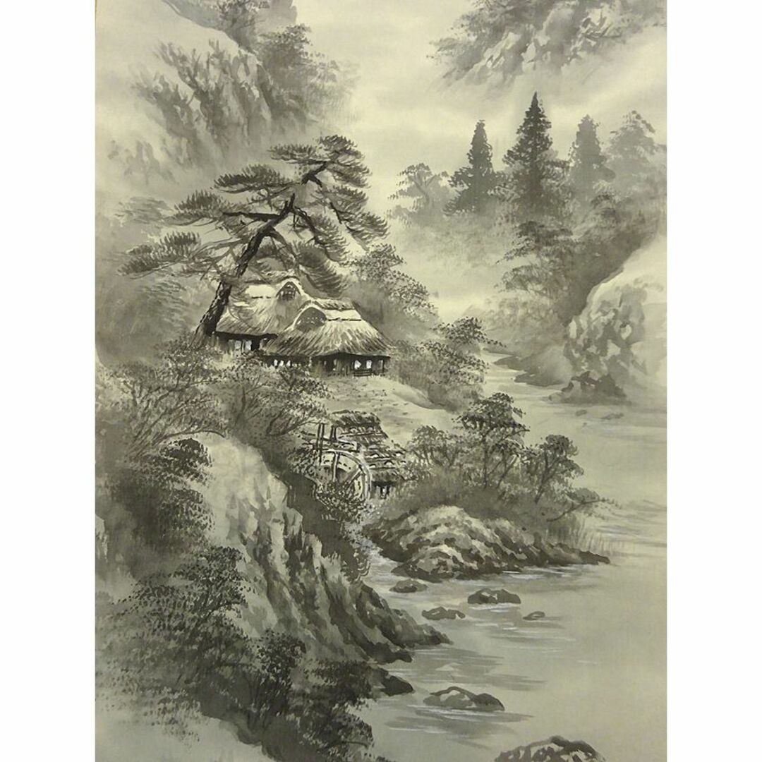 掛軸2本セット 青鳳 泰仙『水墨山水図 松竹梅鶴亀』絹本 共箱付 良好品