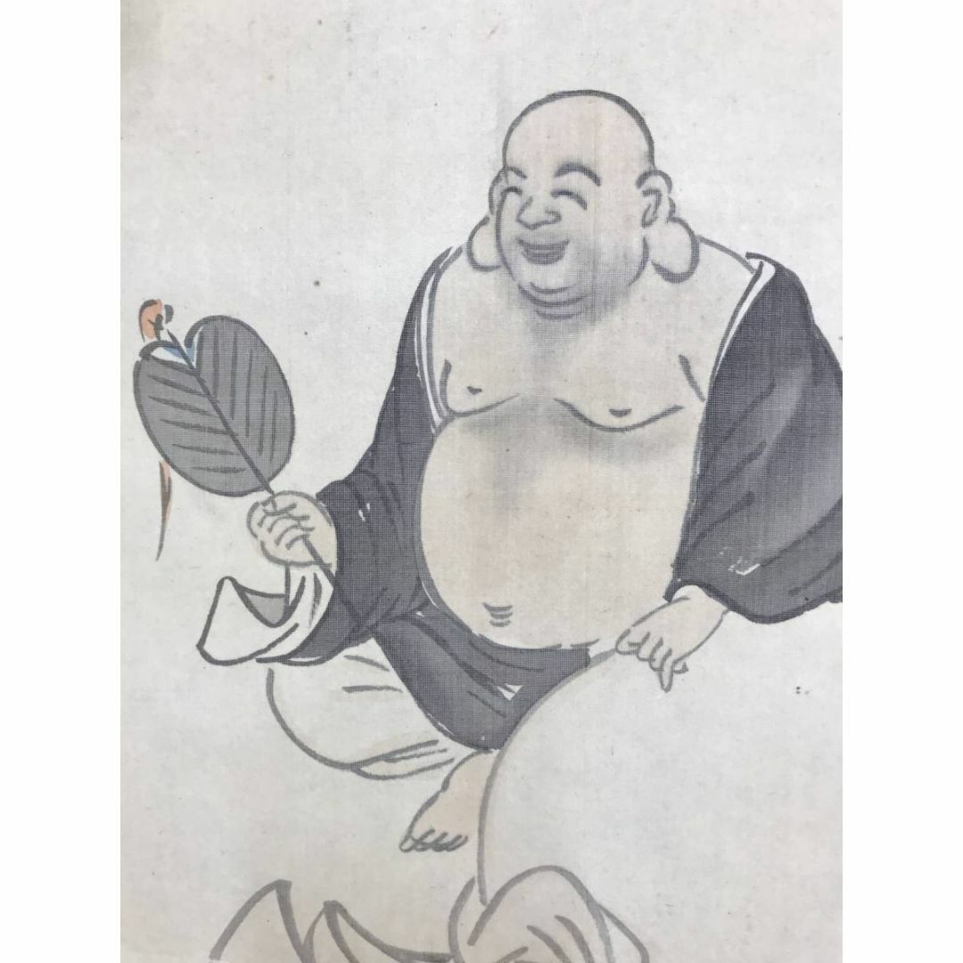 真作/中山秋湖/月見布袋図/七福神の一人/人物図/横物/掛軸☆宝船☆AE
