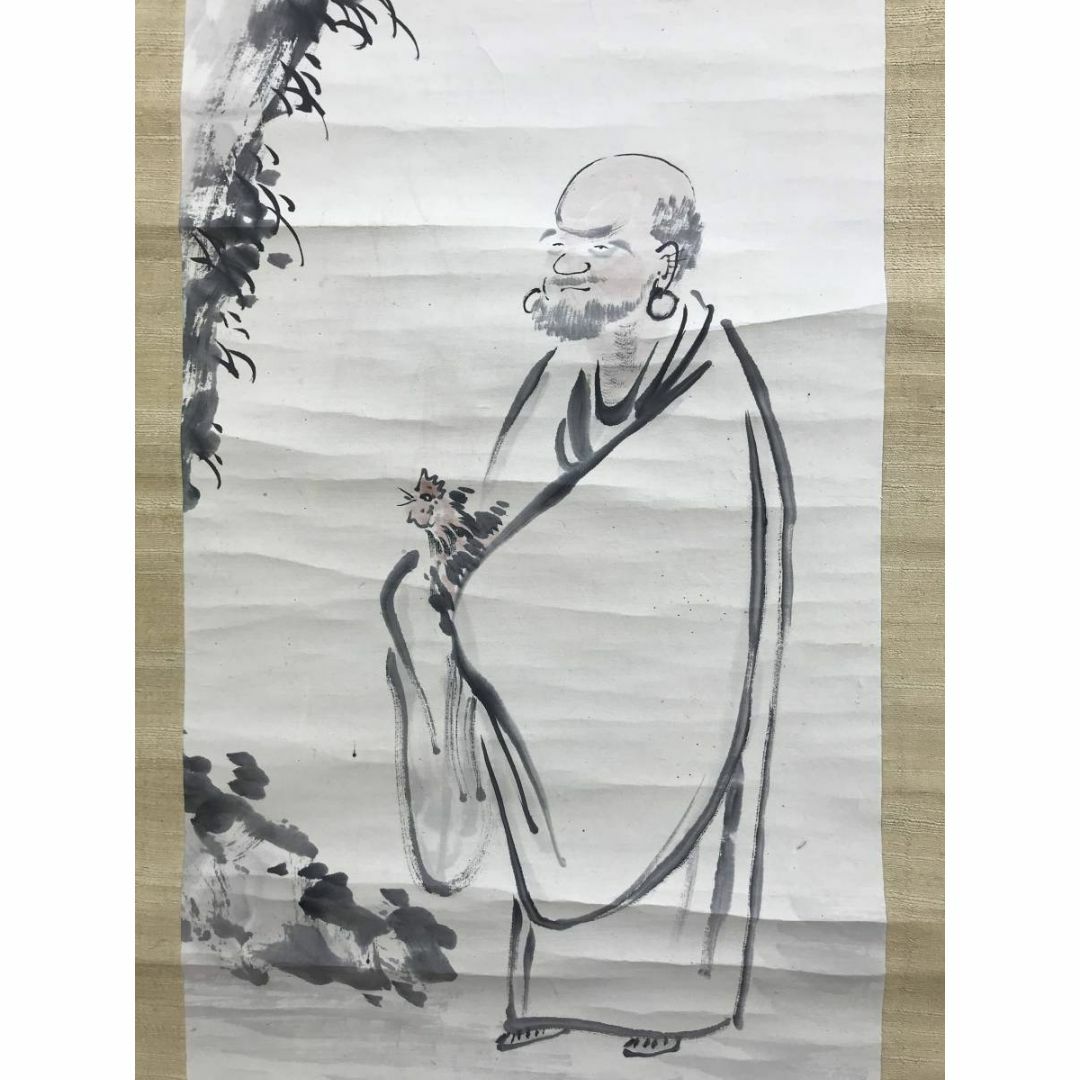 真作/田能村直入/達磨に鶏画賛/ダルマ図/人物図/掛軸☆宝船☆AE-197の