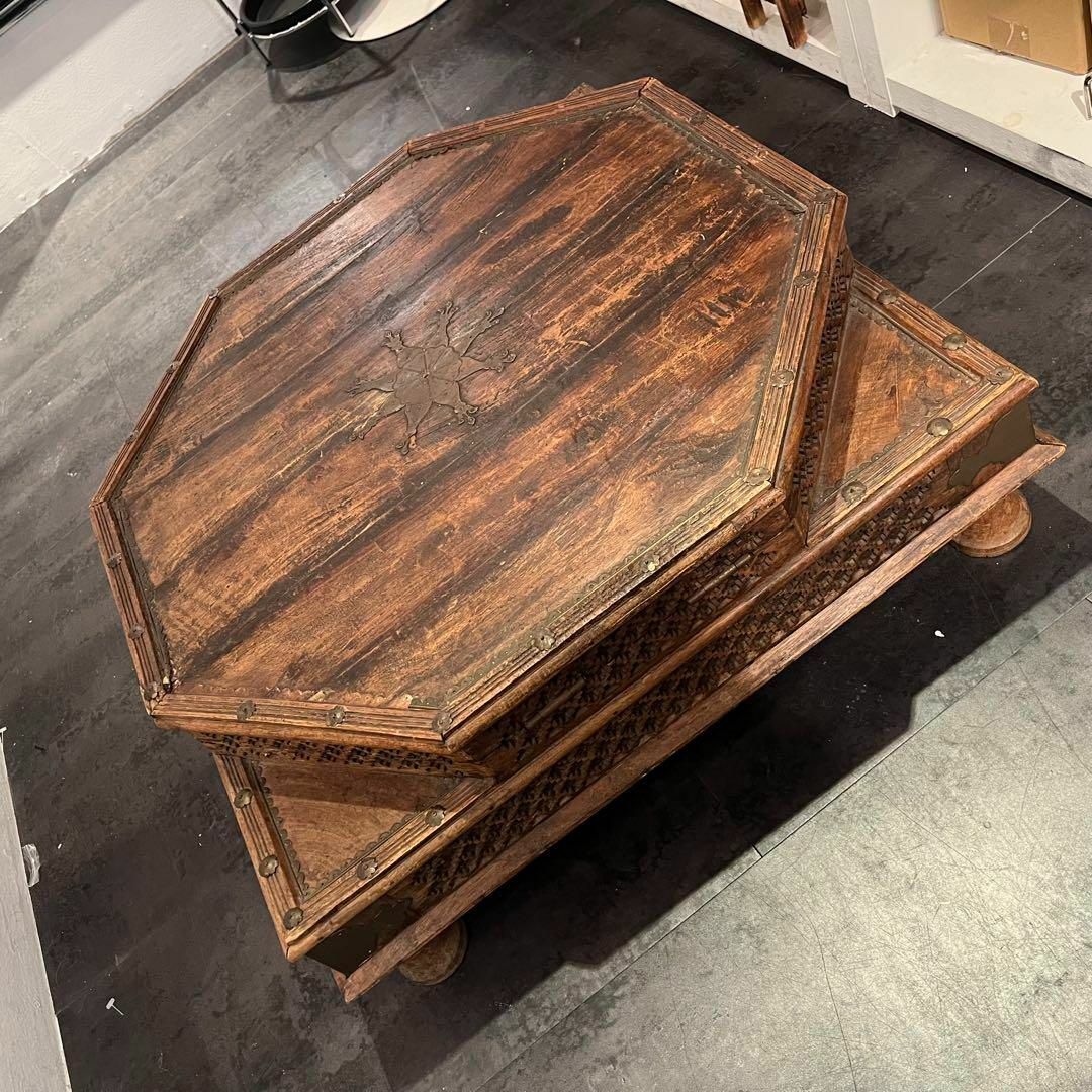 八角 ローテーブル インド 手彫り アンティーク ビンテージ 木製 花台