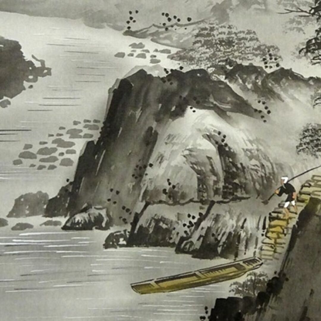 掛軸 玉翠『水墨山水図』日本画 絹本 肉筆 共箱付 掛け軸 a042612の