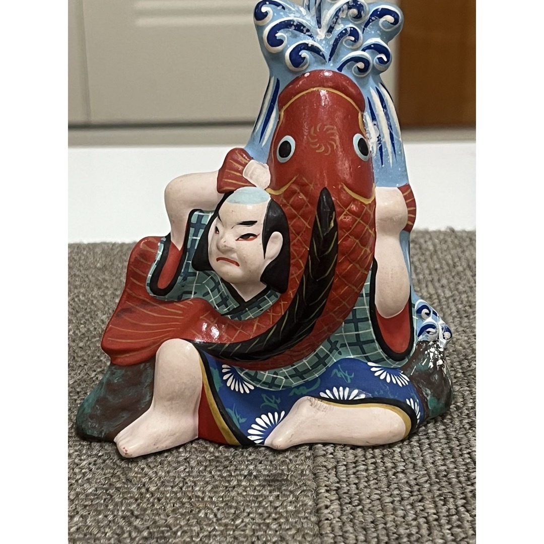 堤人形 鯉の滝登り 佐藤吉夫 飾り台付 仙台 つかみ人形 在銘 土人形