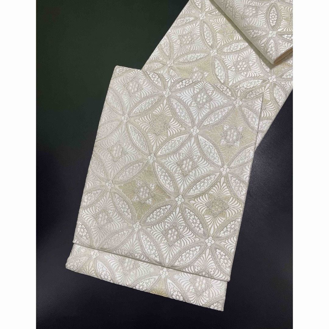 お仕立て付き【西陣織袋帯◇華七宝文様】オフホワイト 白 銀 金