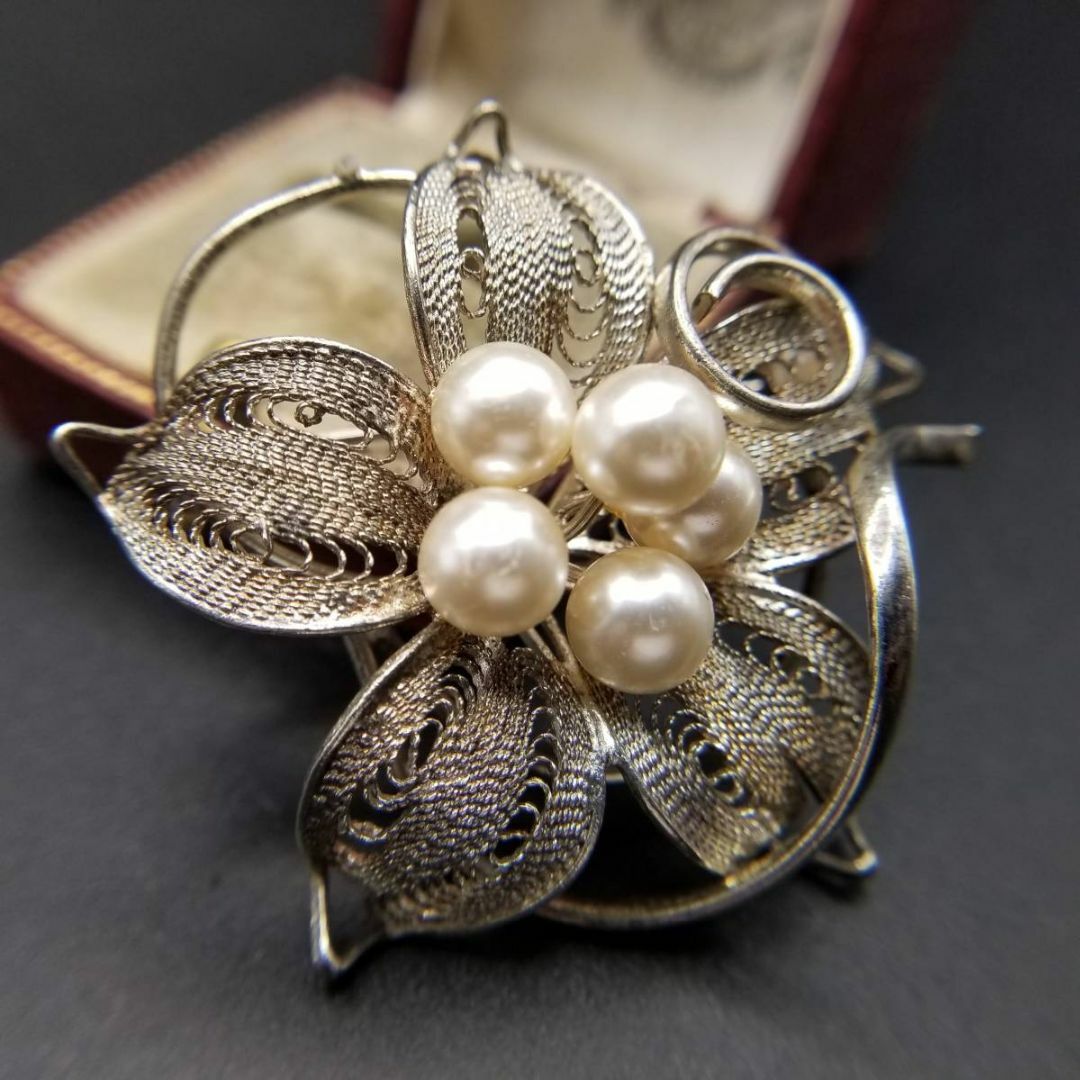 フローラル パール スターリングシルバー ヴィンテージ ブローチ 銀線