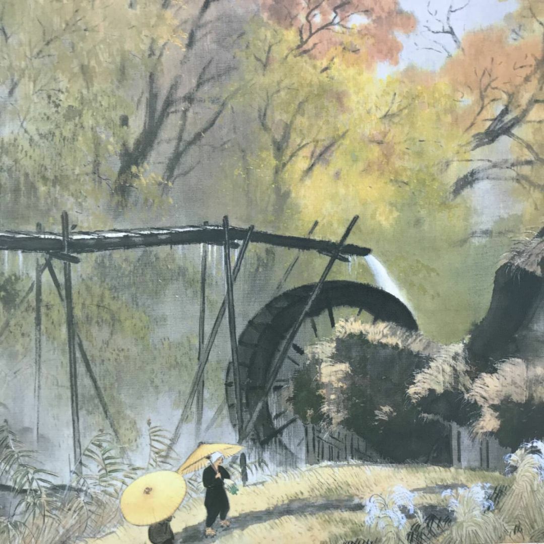 複製/川合玉堂/彩雨/山水図/水車図/横物/工芸品/掛軸☆宝船☆AI-98の