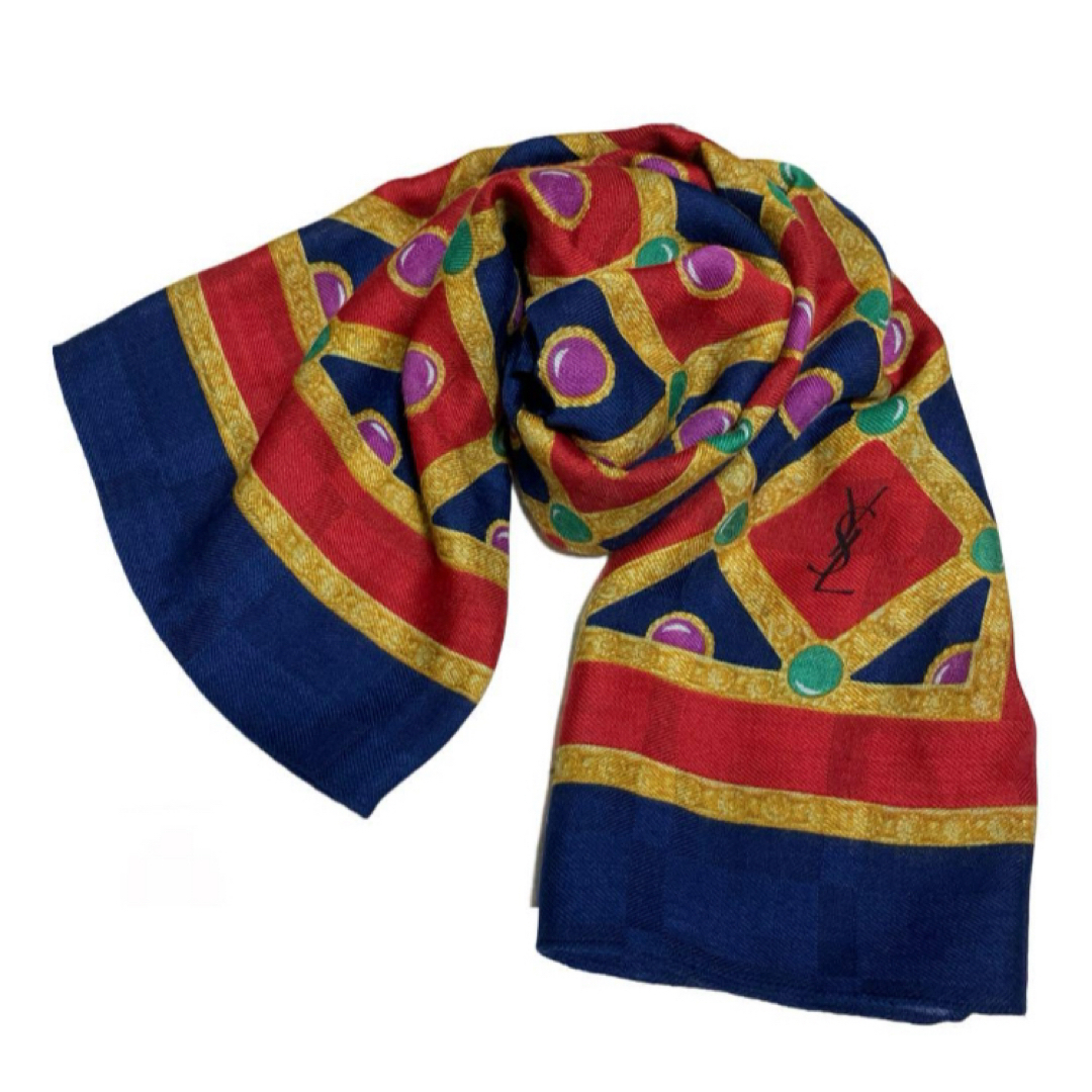 Yves Saint Laurent - サンローラン 大判 ロゴ スカーフ 紺 赤