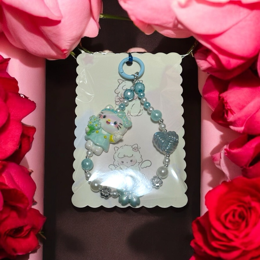 ハローキティ - smile ピース キティちゃん 水色 桜 ビーズストラップ