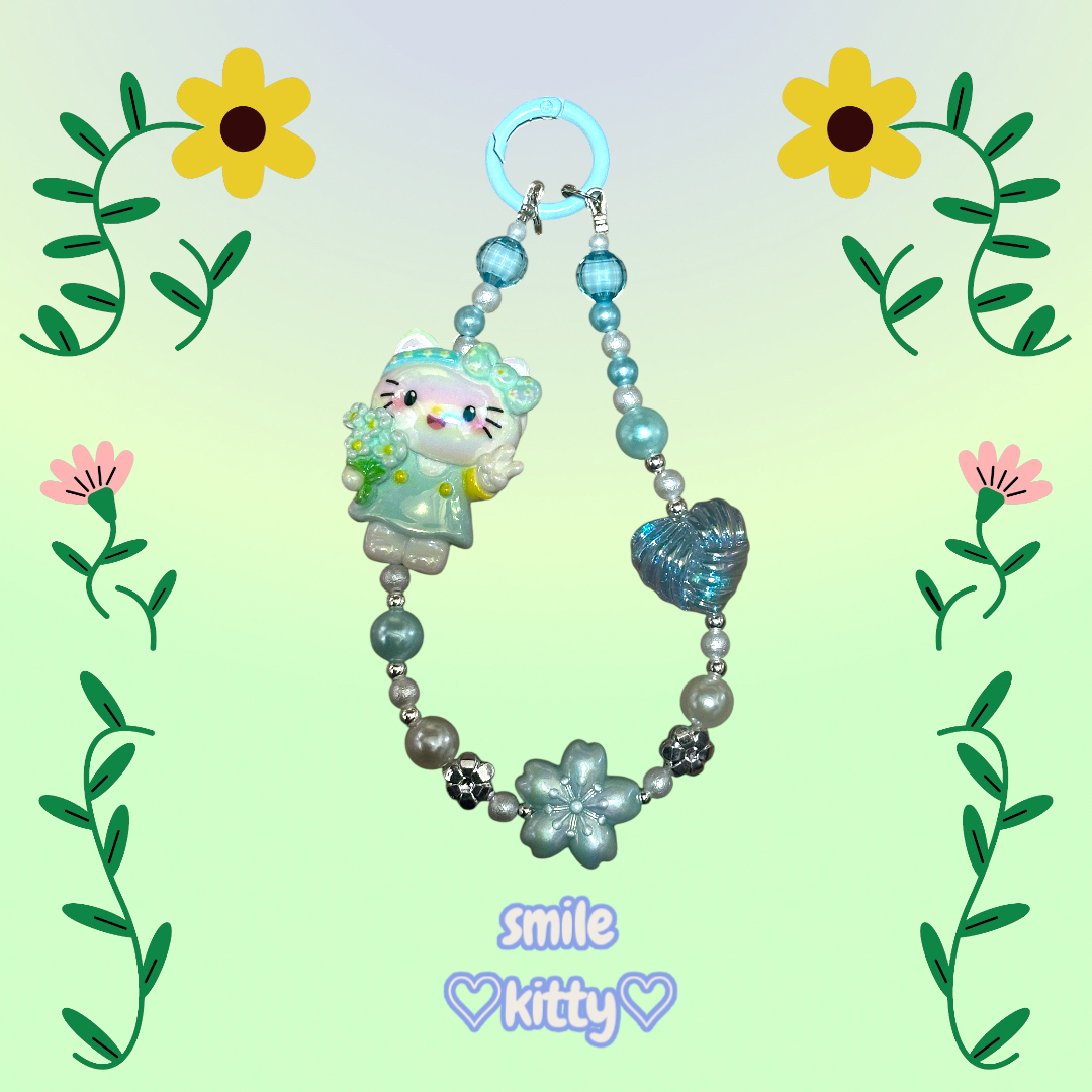 ハローキティ - smile ピース キティちゃん 水色 桜 ビーズストラップ