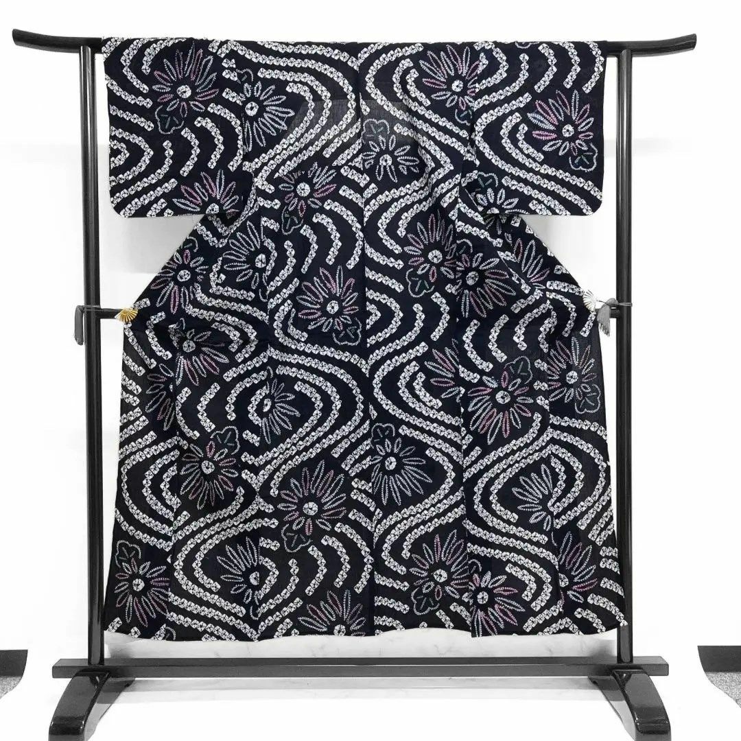 浴衣 有松鳴海絞り 菊花 流水 鹿の子 ネイビー 藍染 着物 052a dの通販