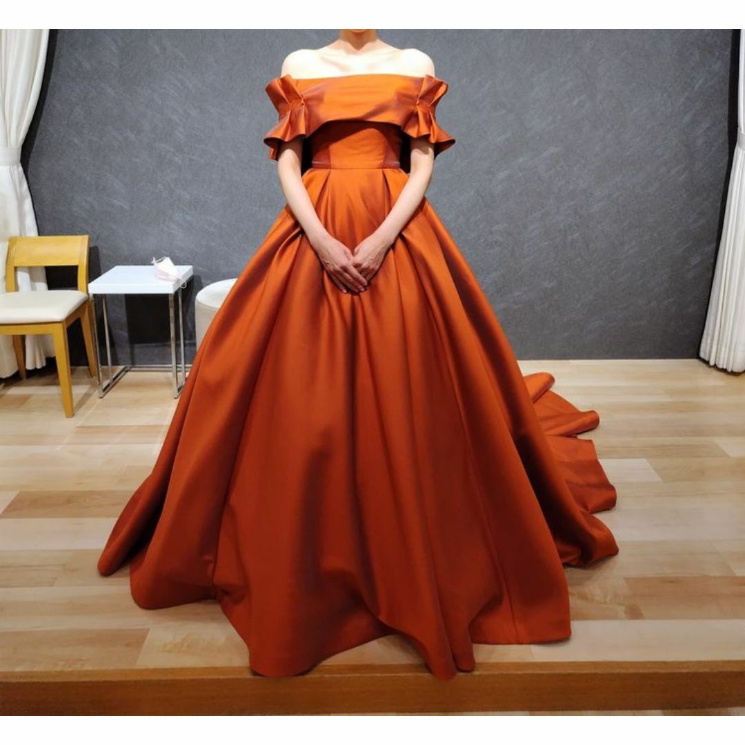 カラードレス オレンジ 光沢サテン オフショルダー オフショルダー