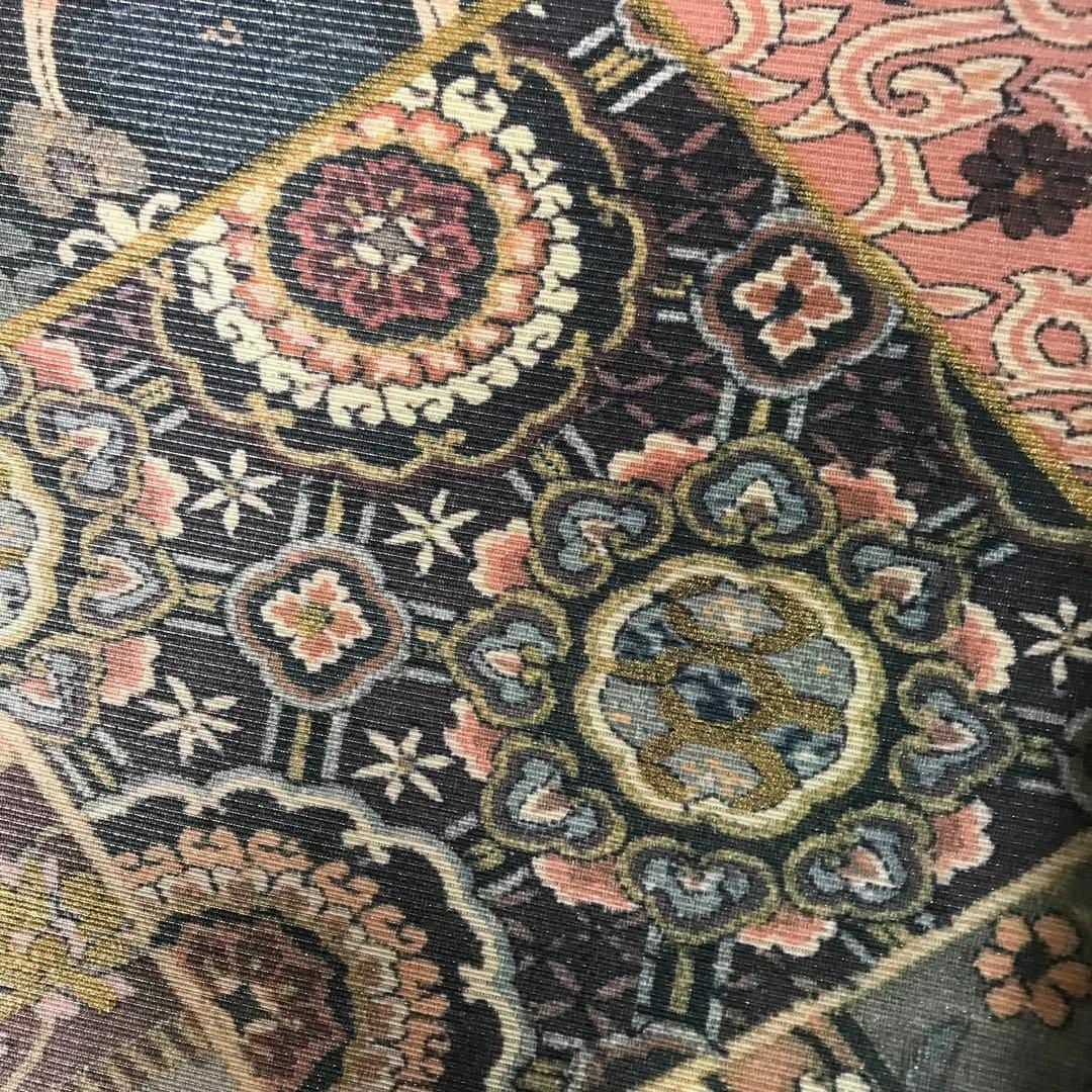 FF-192 袋帯 銀通し 正絹 太鼓柄 オリエンタル ボタニカル 美品の通販