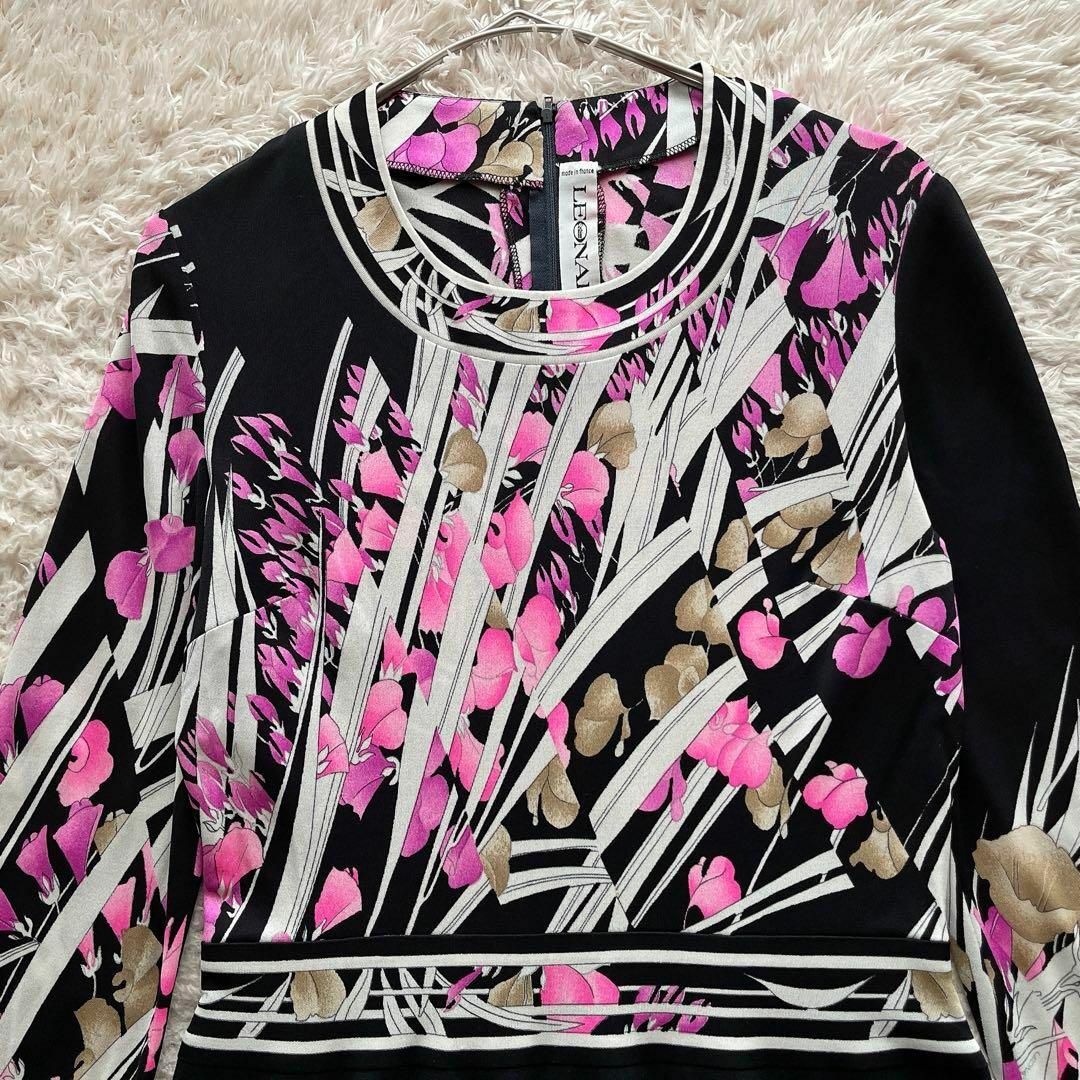 レオナール ワンピース 花柄 トリム ウエストマーク シルク フランス製