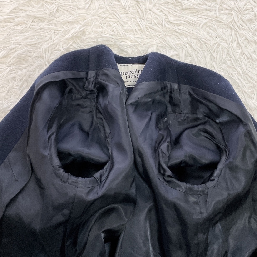 希少 ドゥーズィエムクラス ロング ノーカラー コート 紺 ウール