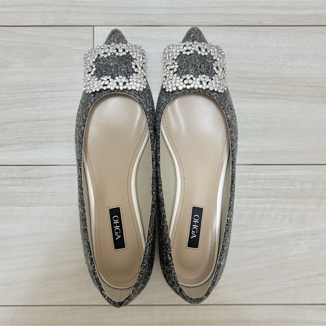 OHGA オーガ ビジュー ツイード パンプス フラットシューズ グレー