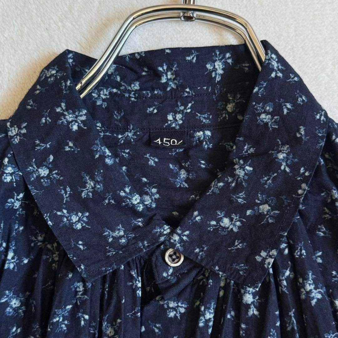 極美品】45R タペット森花プリントのくしゅくしゅブラウス インディゴ