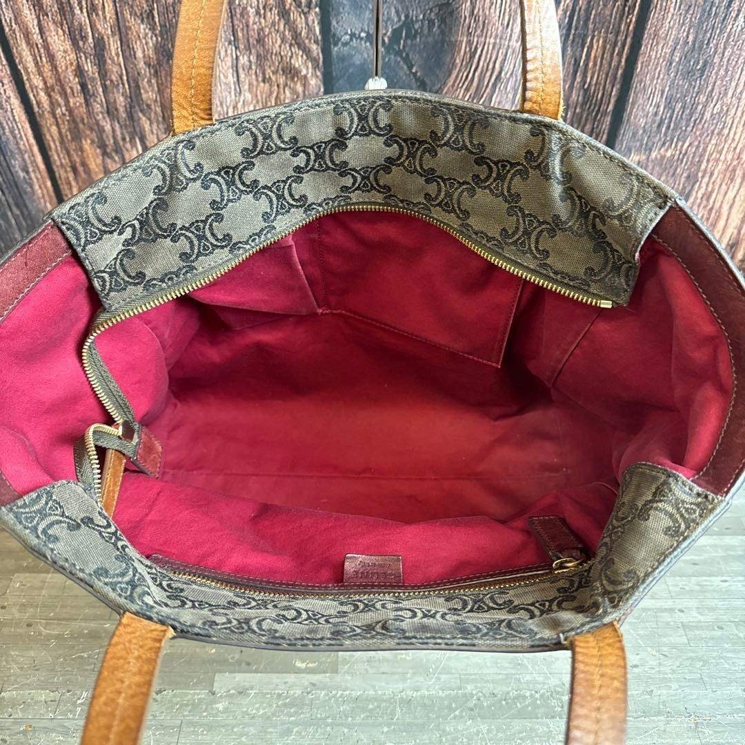 CELINE セリーヌ マカダム柄 トートバッグ キャンバス×レザー ボルドー系