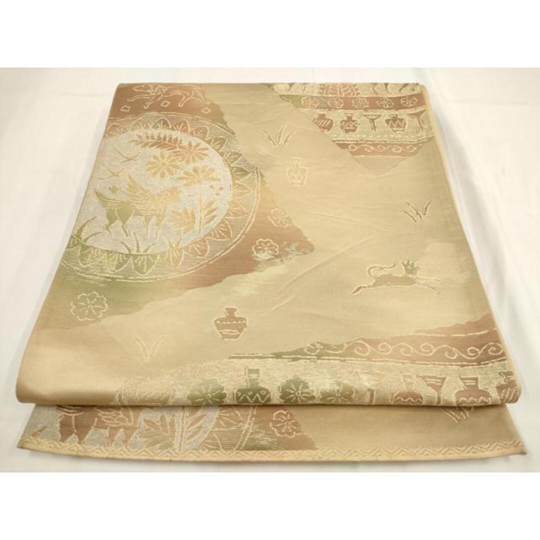 平和屋着物◎六通柄袋帯 切嵌狩猟花文 金糸 正絹 逸品 AABG6131wjの