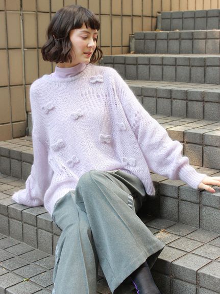 モヘアウールランダム針抜き編みリボンニット（ニット）｜H.A.K（ハク