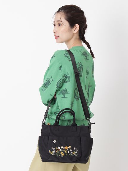 glanta」フローラルハーモニー刺繍スクエアトートショルダーバッグ