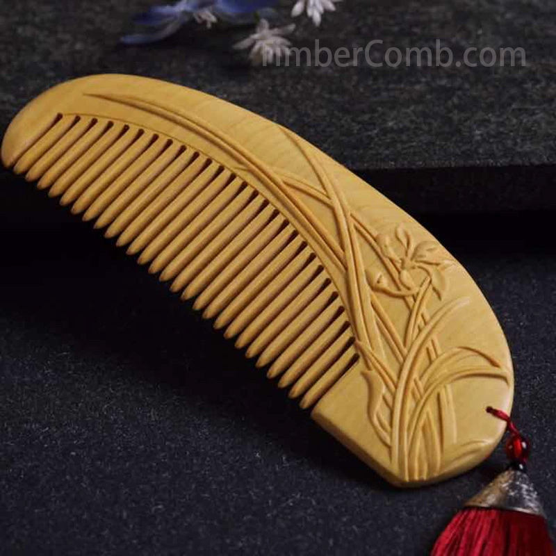 本つげ櫛 天然 木櫛 彫り櫛 花 幽蘭 つげコーム 持ち運び 頭皮