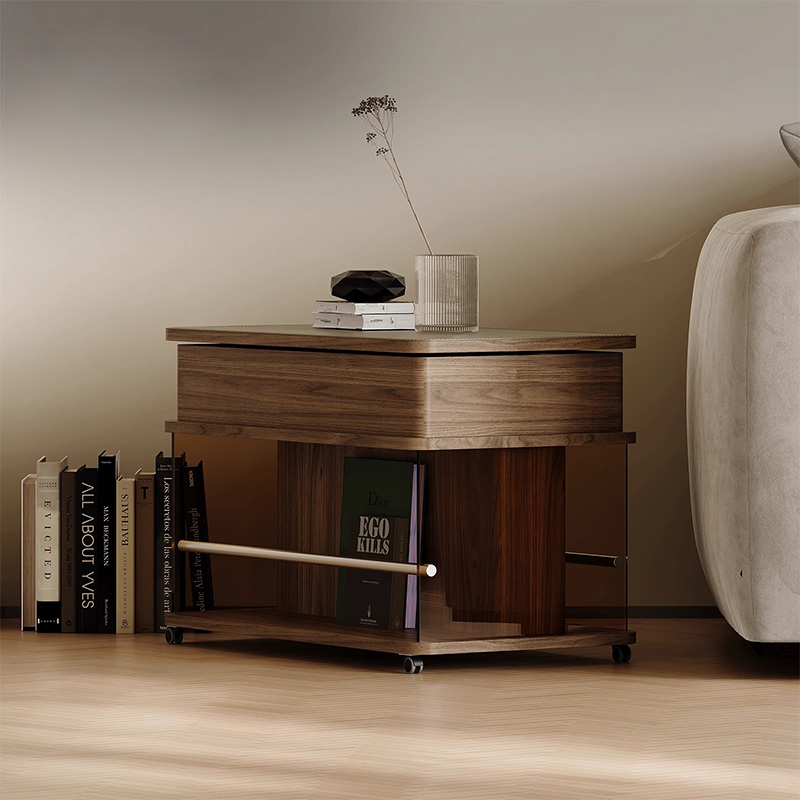 ミッドセンチュリー ブラウン 木製サイドテーブル ボールキャスター