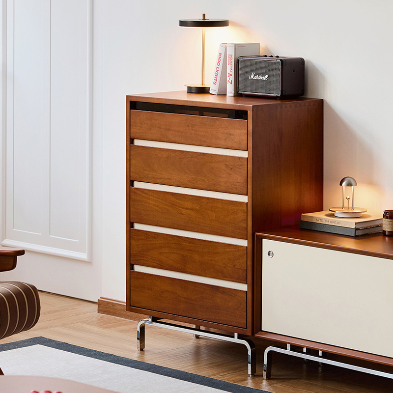 Woody Prime Boxツゲ材 レトロデザイン5段チェスト | 静かな開閉と