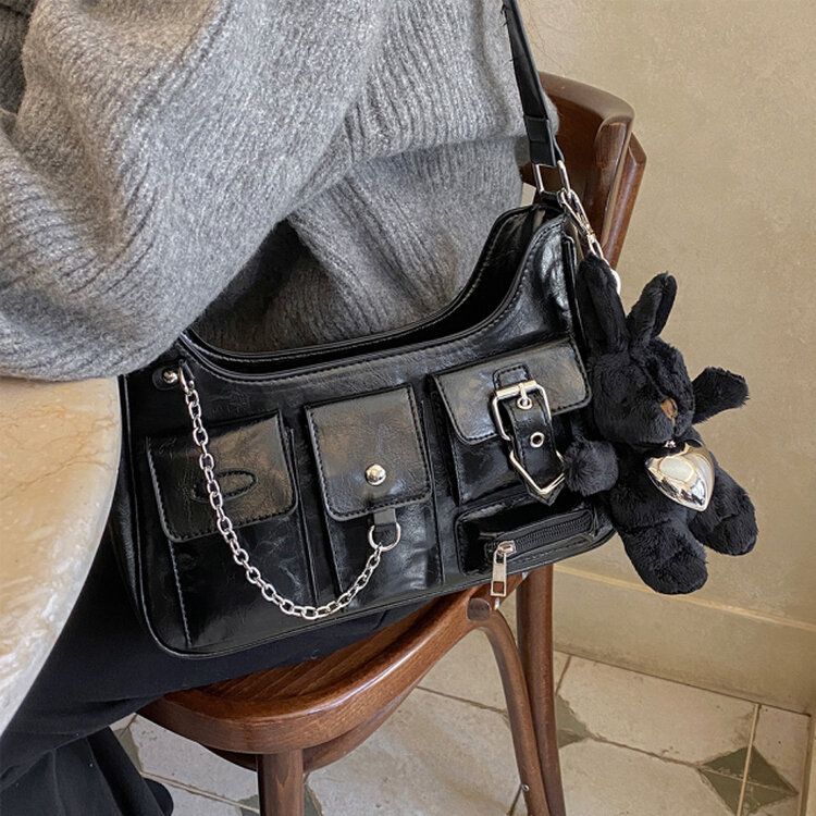 限定数量]チェーンバックルポケットレザーショルダークロスバッグ