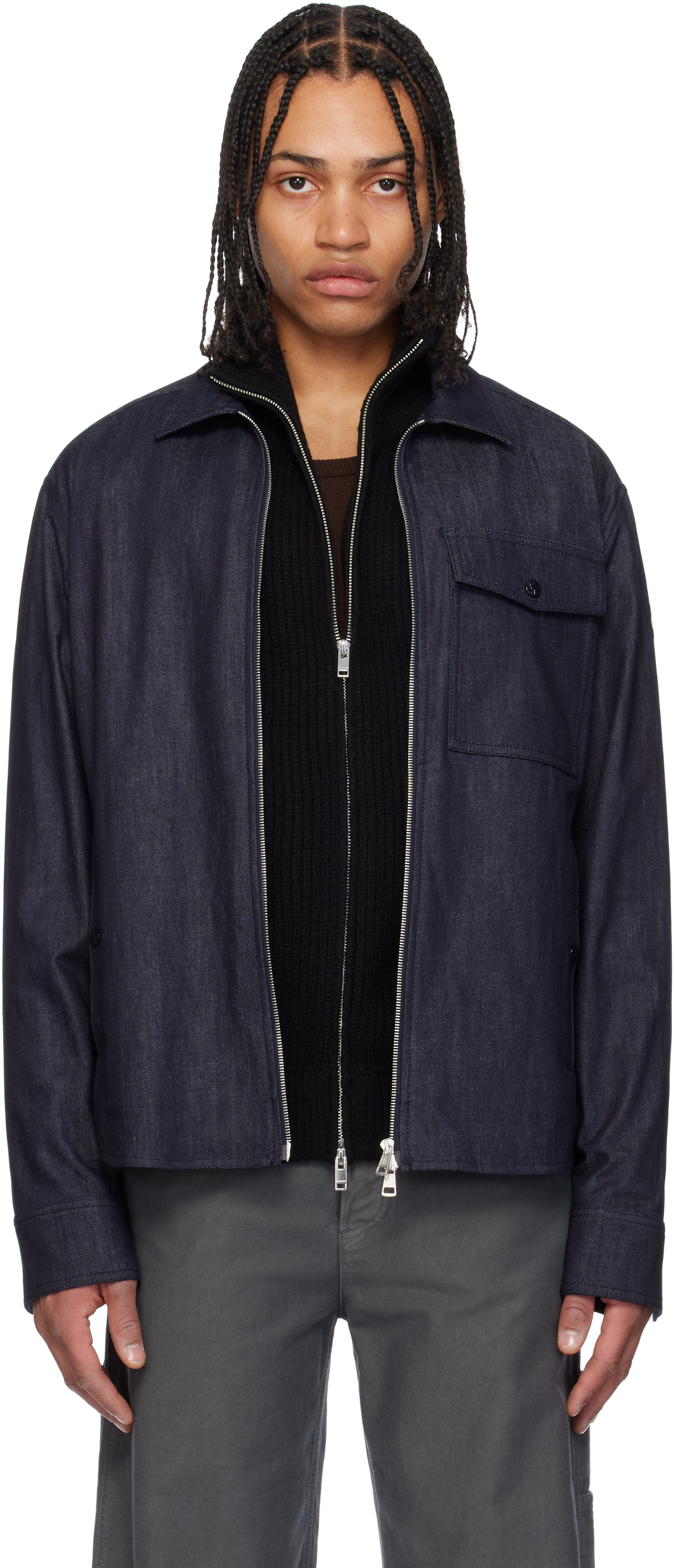 Moncler: ブルー 長袖 ジップアップ デニムジャケット | SSENSE 日本