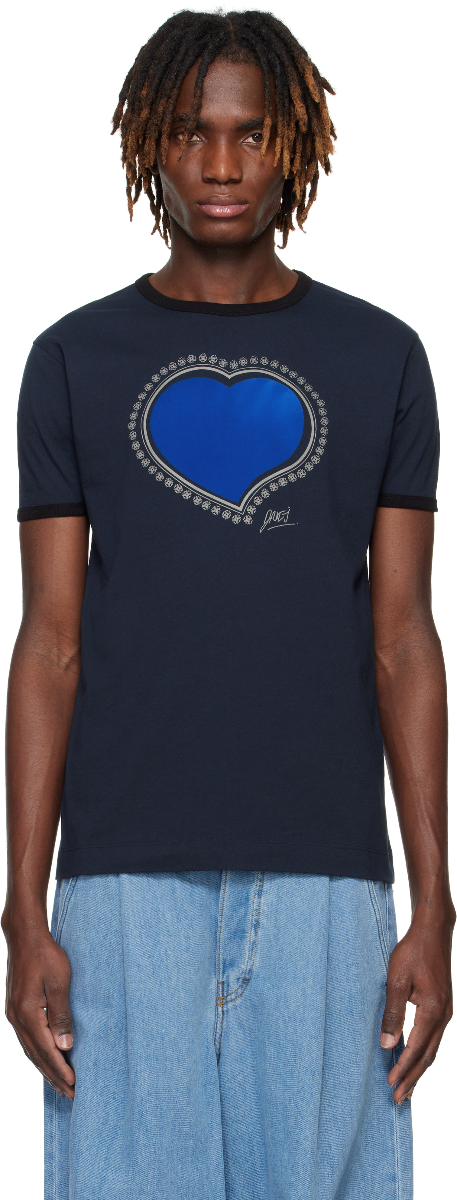 Navy Archive Print T-shirt by Dries Van Noten on Sale