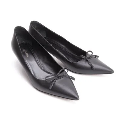 プラダPRADA リボンデザインレザーヒールパンプス 黒39(25.5位) (K-139567)