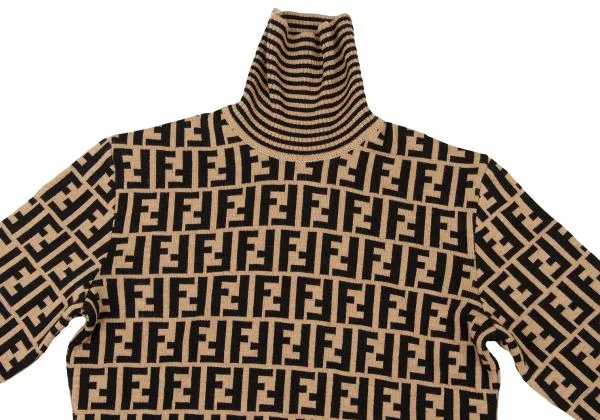 フェンディFENDI ズッカ柄切替タートルネックニット ベージュ黒44 (K