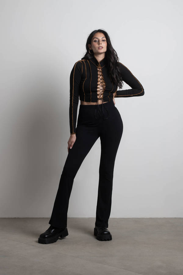 Black Crop Top - Exposed Stitch Crop Crop - Lace Up Crop Top
