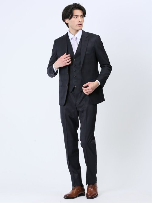 光沢ウール混 スリムフィット 2ボタン3ピーススーツ シャドーチェック