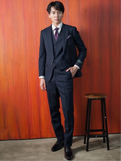 シルク混ウール レギュラーフィット 2ボタン3ピーススーツ 杢チェック