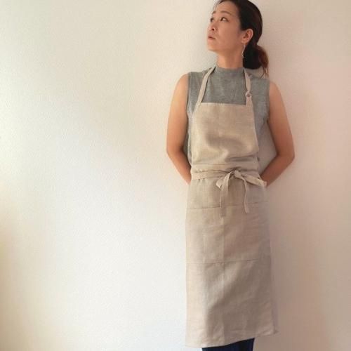 ナチュラルリネンエプロン レディース ベルギーリネン リネン100％ 丈3