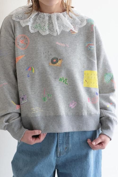 MUVEIL(ミュベール) レース襟付き落書きプリントスウェットプル