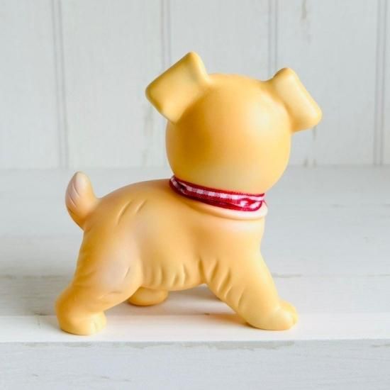 レトロドール】デコ犬 レッド・チェック・リボン レトロ・ソフビ人形