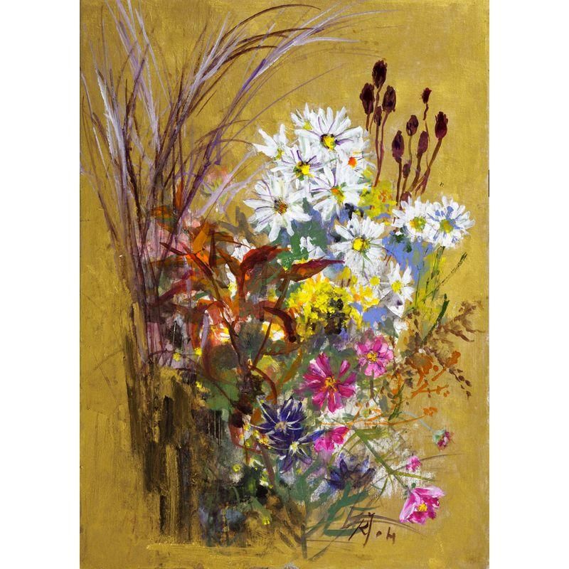 羽倉恭子 「秋花 風流図」 ボードに油彩5号大（36.3×25.7cm） - 一枚