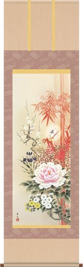 掛け軸-四季花吉祥競艶図／緒方葉水（尺三・桐箱・風鎮付）小さい開運