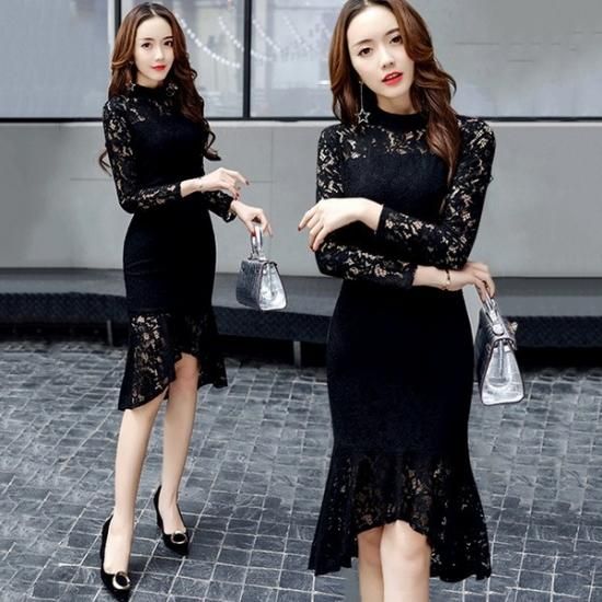 きれいめ黒レース 長袖ミモレ丈フィッシュテールワンピース