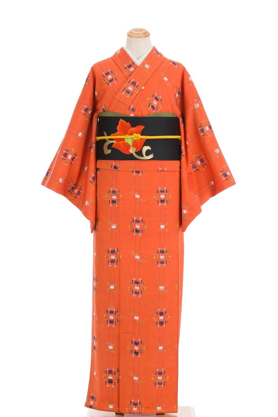 紬 オレンジ地 絣柄 - からん::アンティーク着物・リサイクル着物の