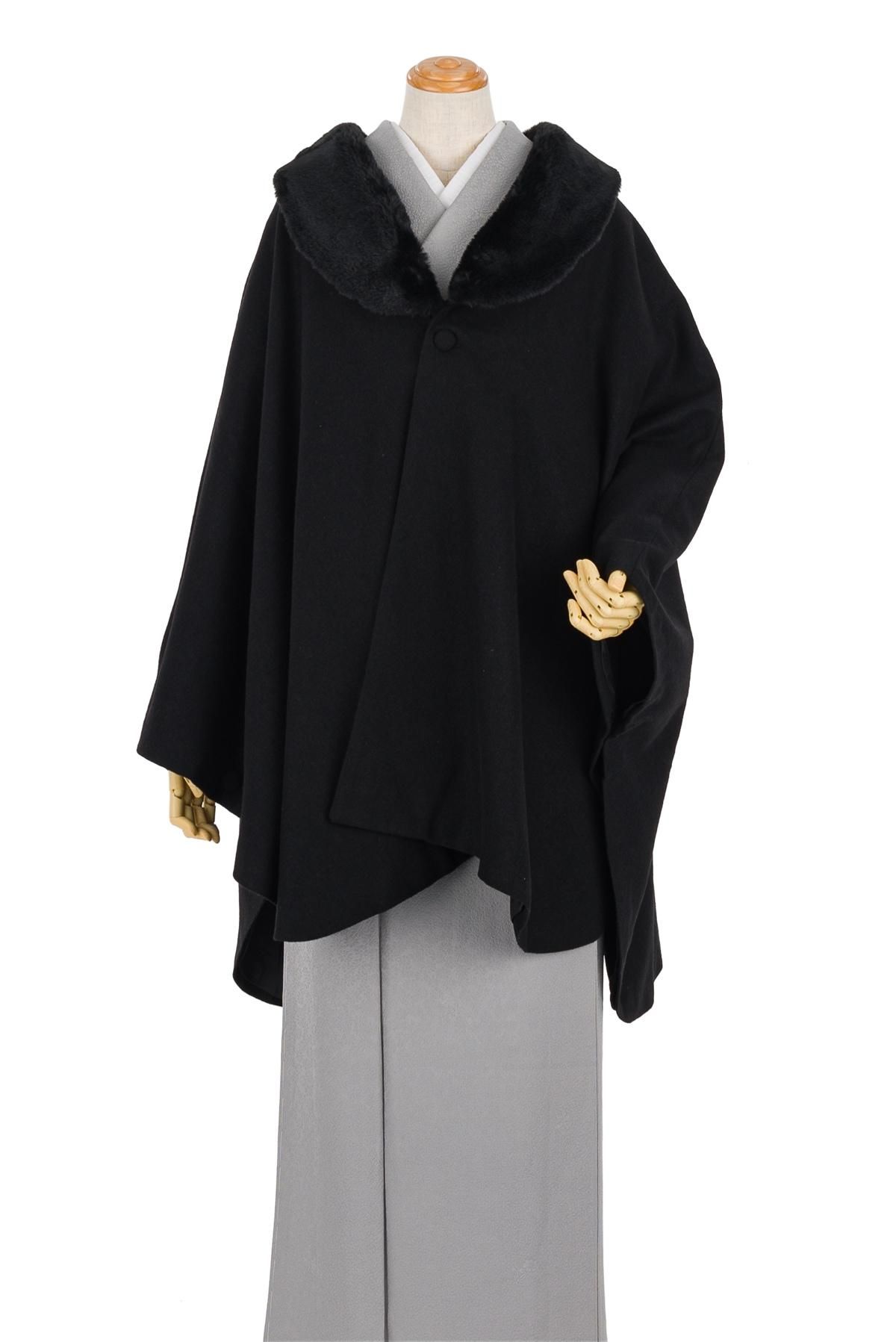 新品 ウール混 ファー付きケープコート Black - からん::アンティーク