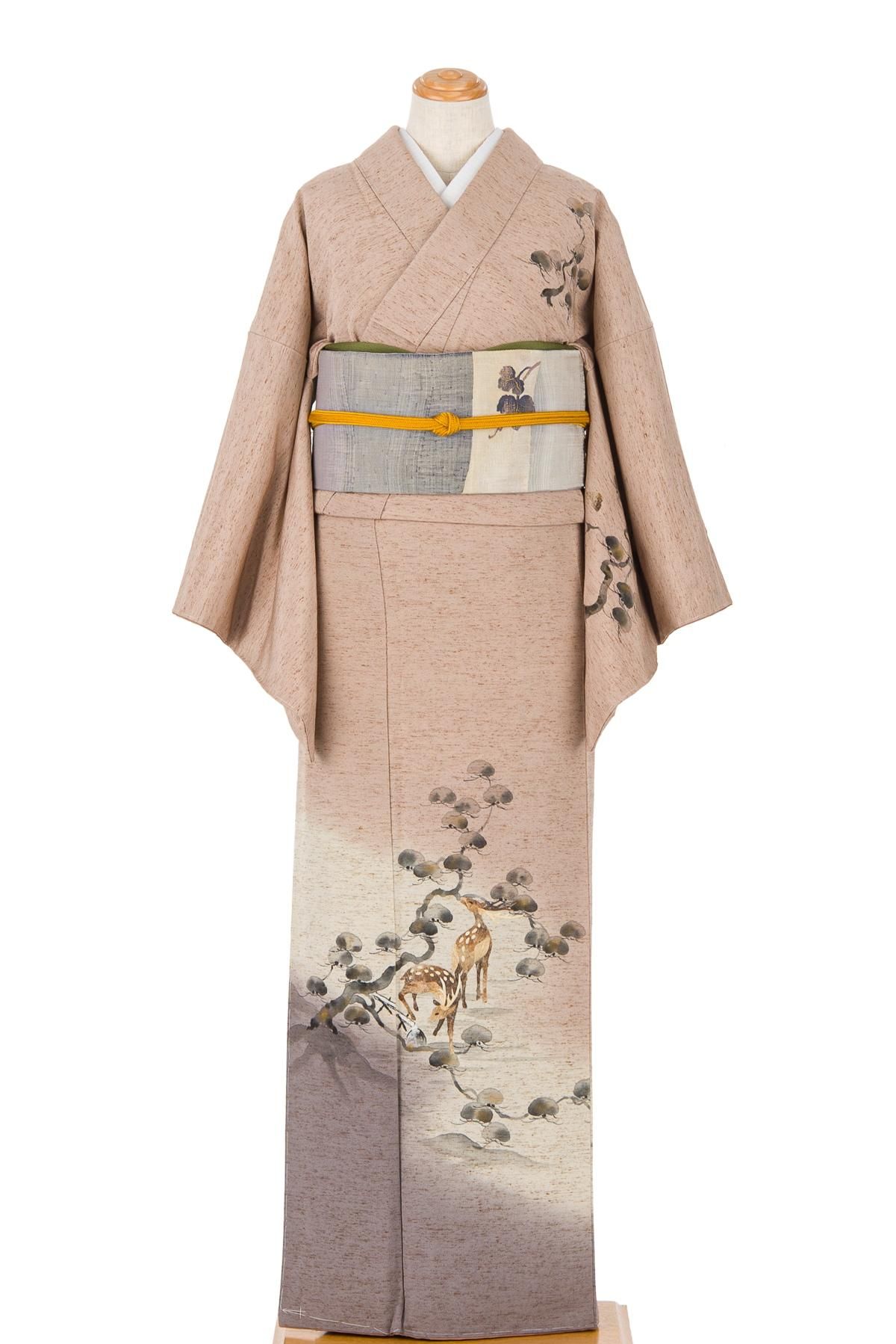 ぜんまい紬 蓑虫工芸 訪問着 松と鹿 - からん::アンティーク着物