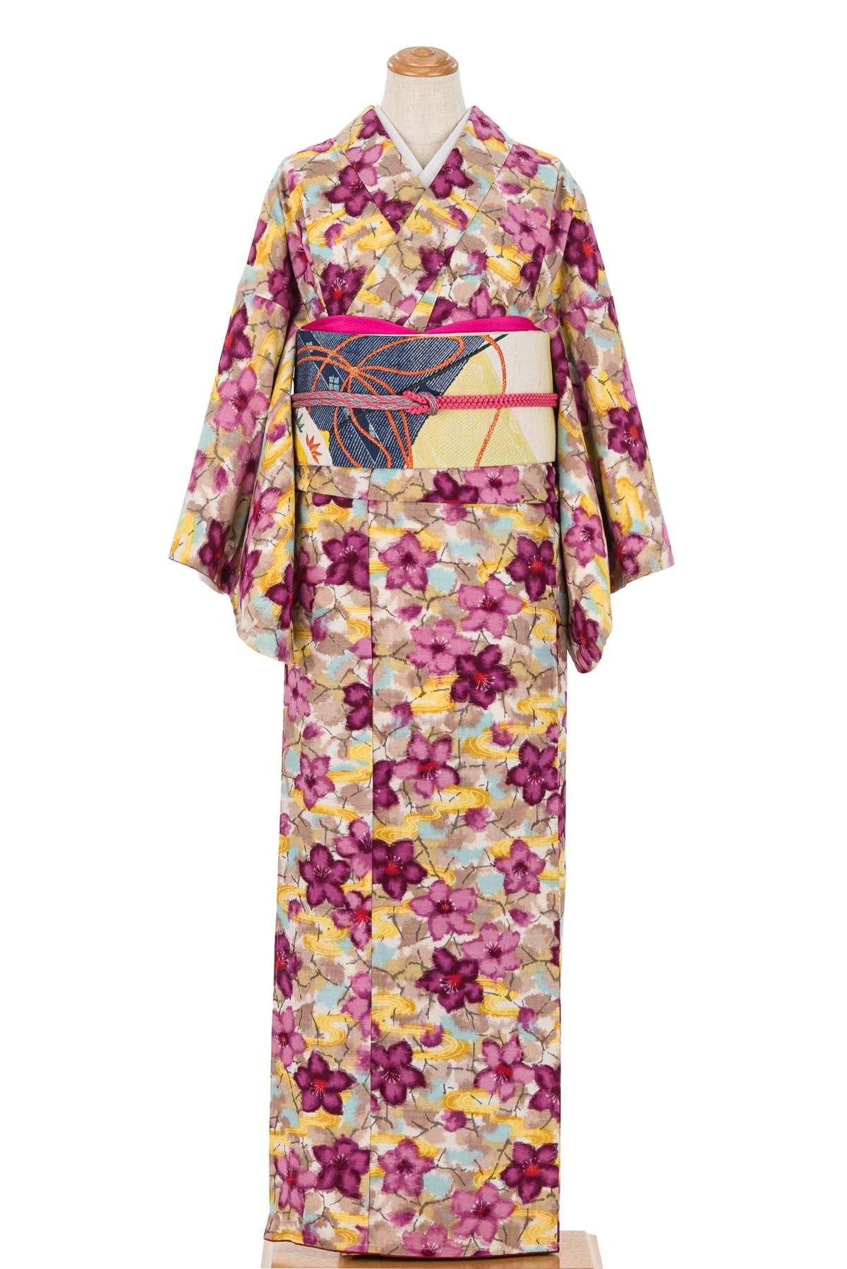 アンティーク着物 銘仙 赤紫の花 - からん::アンティーク着物