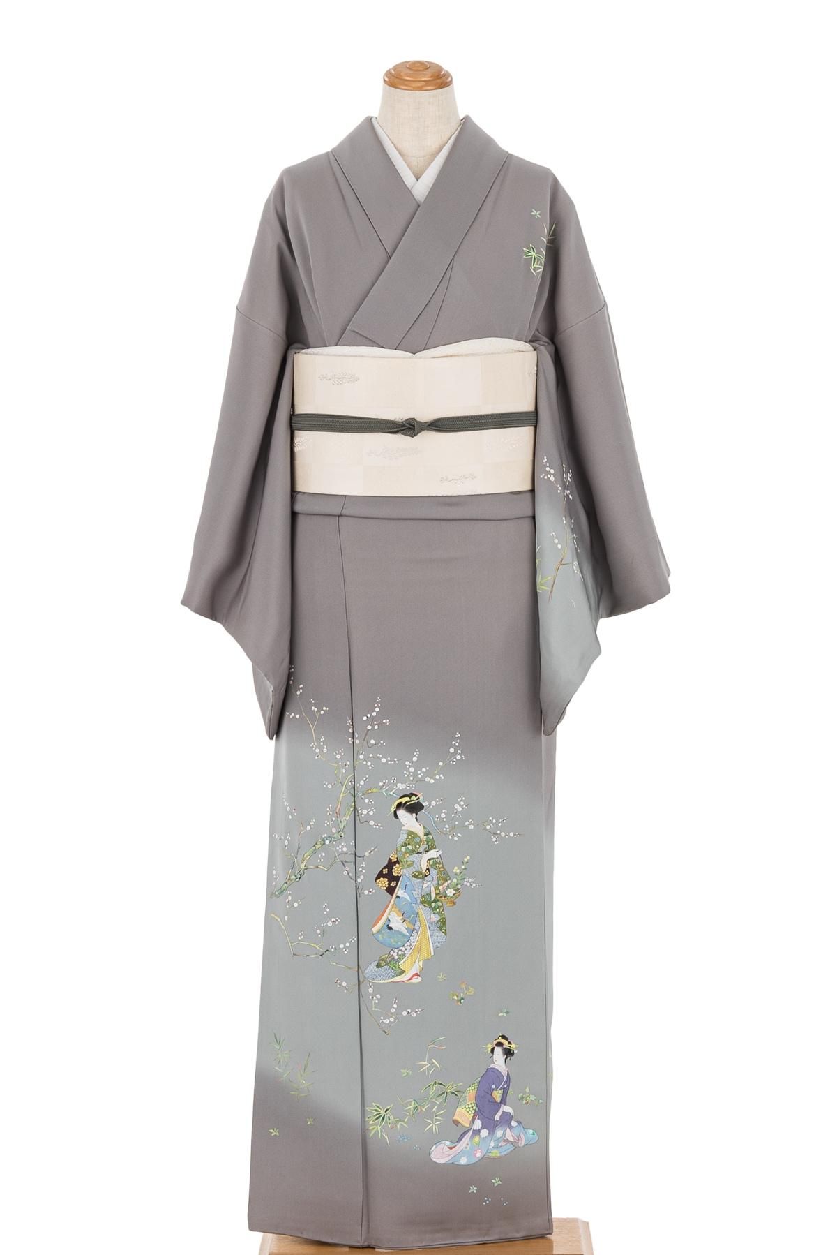 白とグレーの梅と蕾の訪問着 白系 白とグレーの梅と蕾の訪問着 白系