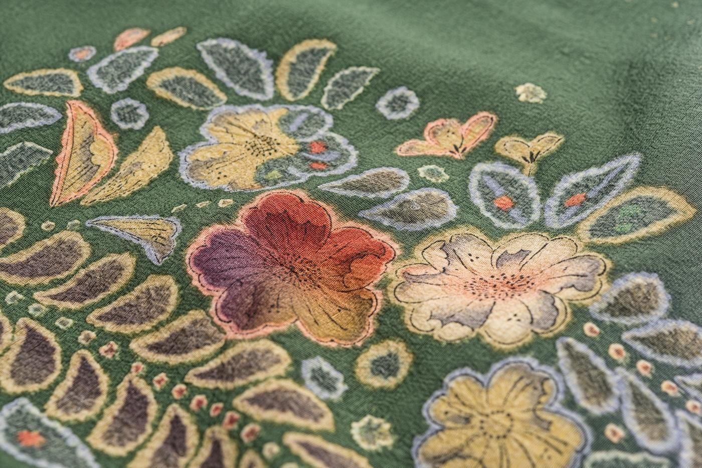 訪問着 緑色 辻が花模様 作家物 - からん::アンティーク着物